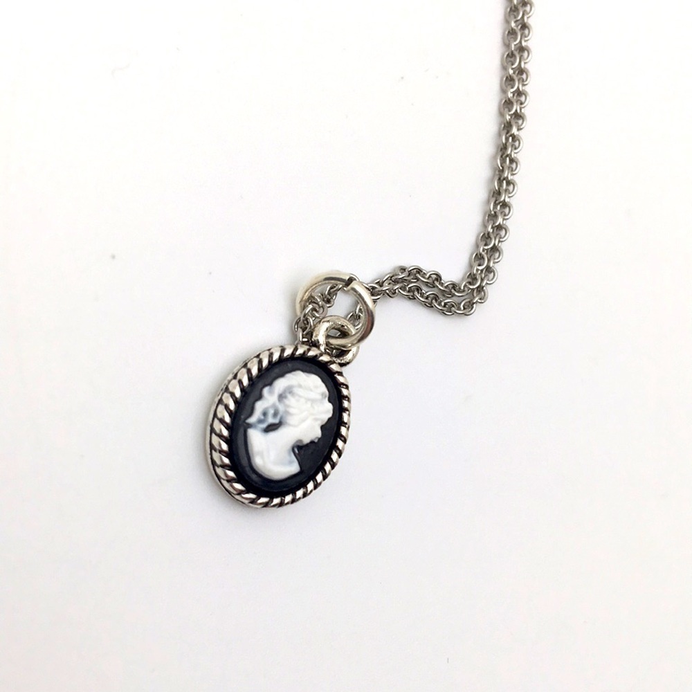 Dainty Silver Tone Cameo Charm Necklace
